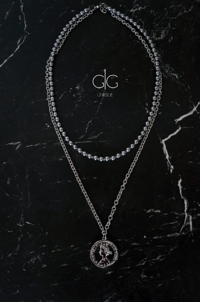 Double layer hematite stone necklace with a coin - GG UNIQUE
