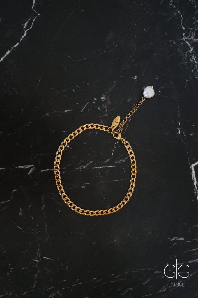 Gold plated stainless steel anklet with a freshwater pearl - GG UNIQUE