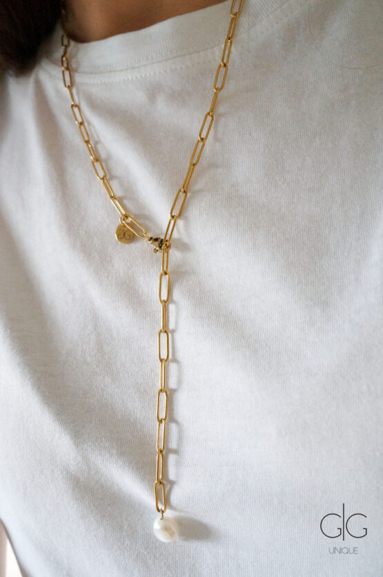Long square gold plated necklace with a pearl - GG UNIQUE