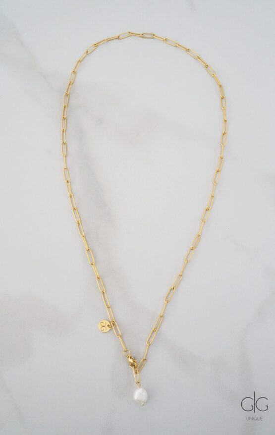 Long square gold plated necklace with a pearl - GG UNIQUE