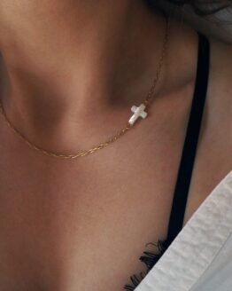 Gold color necklace with natural shell cross - GG UNIQUE