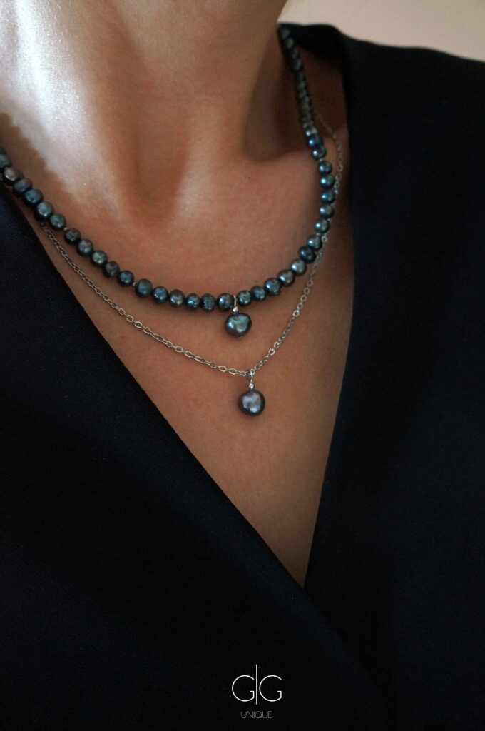 Dark freshwater pearl necklace with pearl pendant - GG UNIQUE