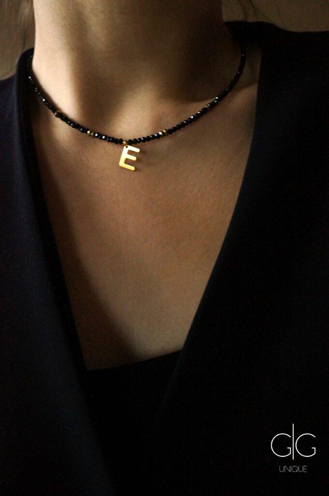 Black crystal necklace with initial letter pendant - GG UNIQUE