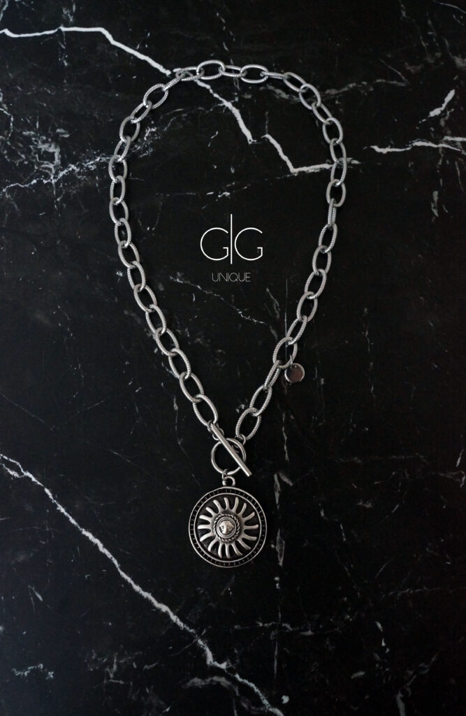Sun symbol massive trendy steel color necklace - GG UNIQUE