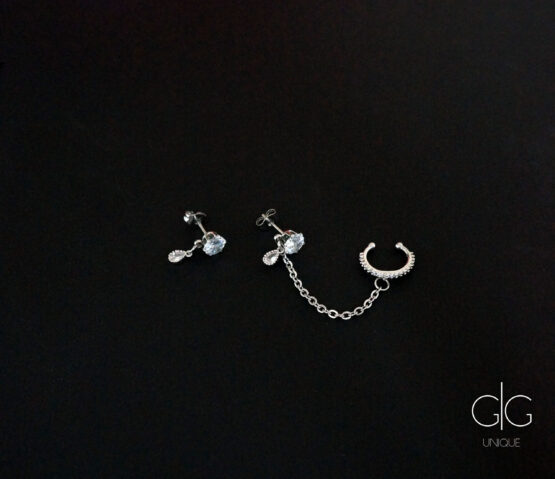 Zirconium earrings with chain linking ear cuff in silver - GG UNIQUE