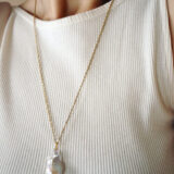 Exclusive long gold plated necklace with large baroque pearl