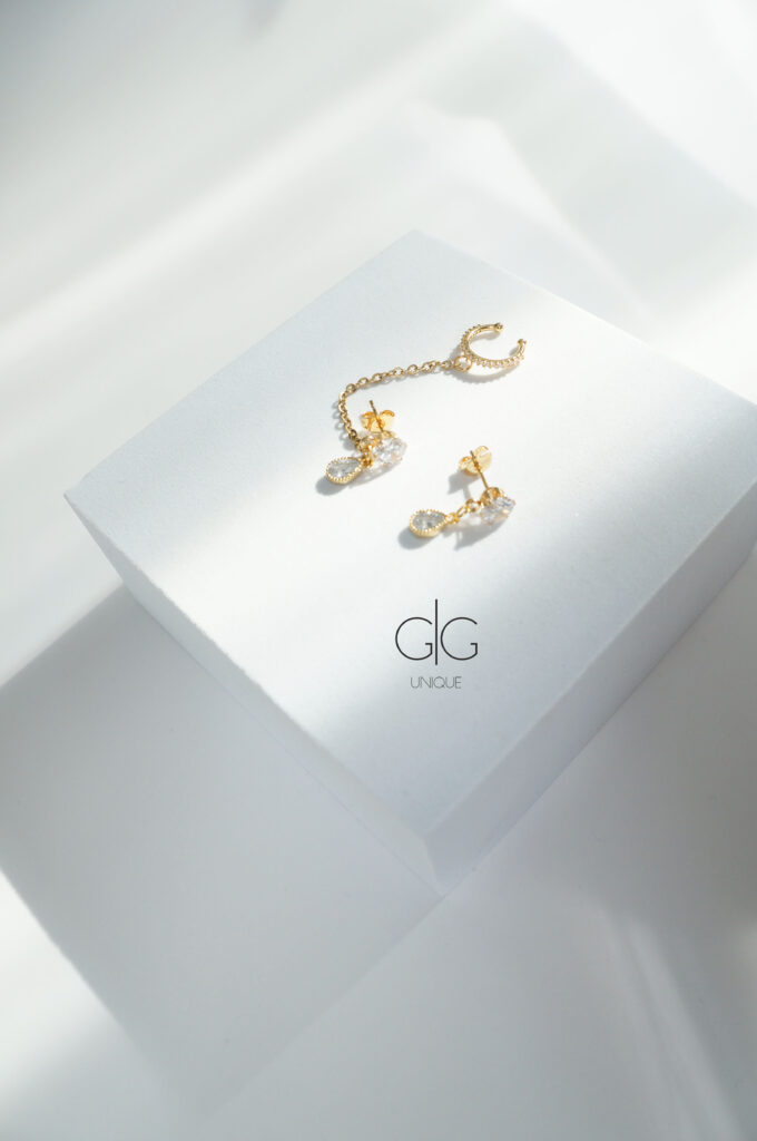 Zirconium earrings with chain linking ear cuff in gold - GG UNIQUE
