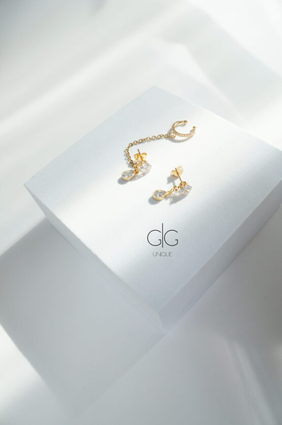Zirconium earrings with chain linking ear cuff in gold - GG UNIQUE