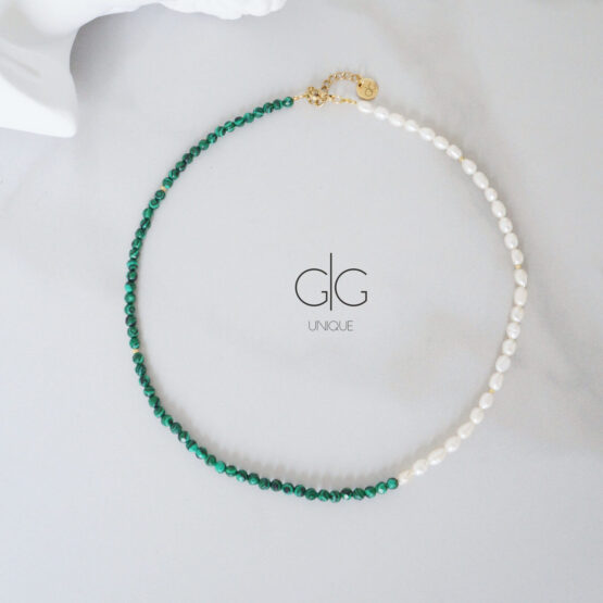 Pearl and green color malachite stone necklace - GG UNIQUE