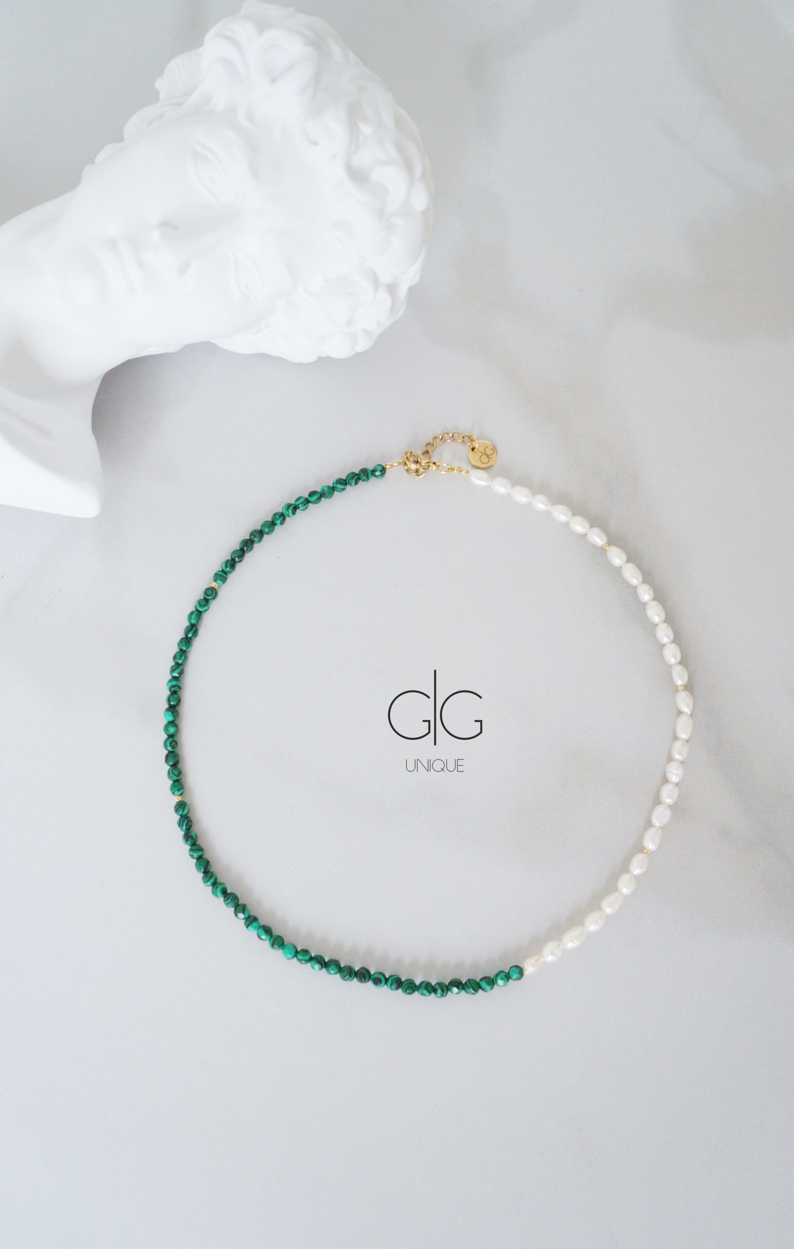 Pearl and green color malachite stone necklace - GG UNIQUE
