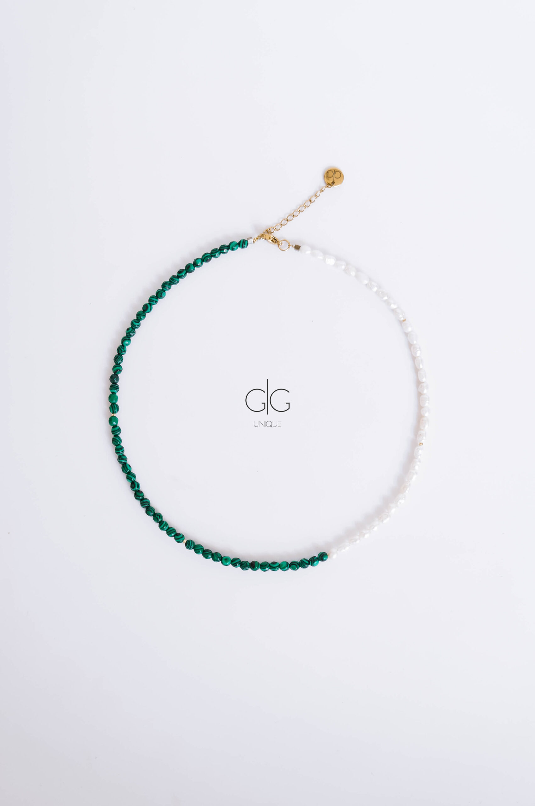 Pearl and green color malachite stone necklace -GG Unique