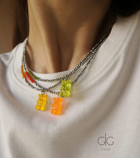 Trendy teddy bear colorful necklace with hematite stones - GG UNIQUE