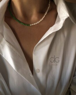 Pearl and green color cat-eye effect stone necklace | GG UNIQUE