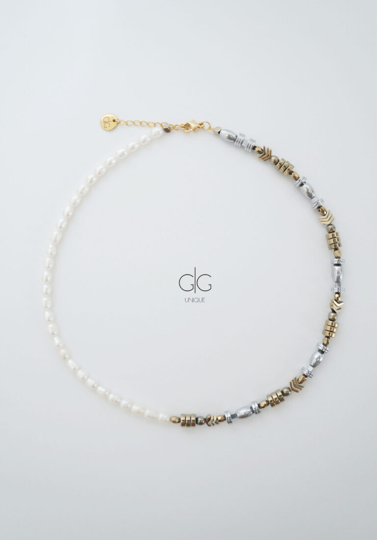 Pearl and mixed hematite stones necklace - GG Unique