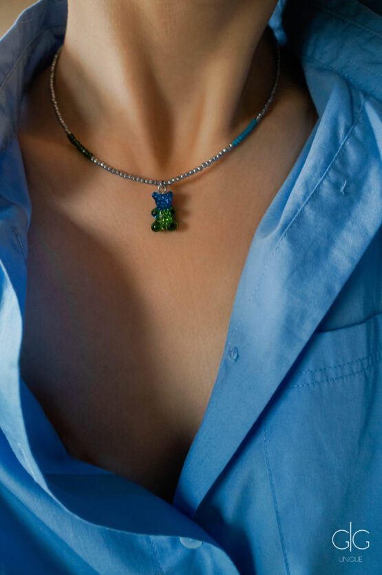 Exclusive blue/green teddy bear necklace - GG Unique