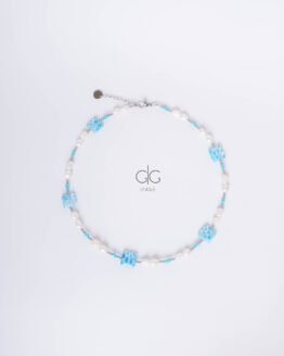 Pearl and blue flowers necklace - GG Unique