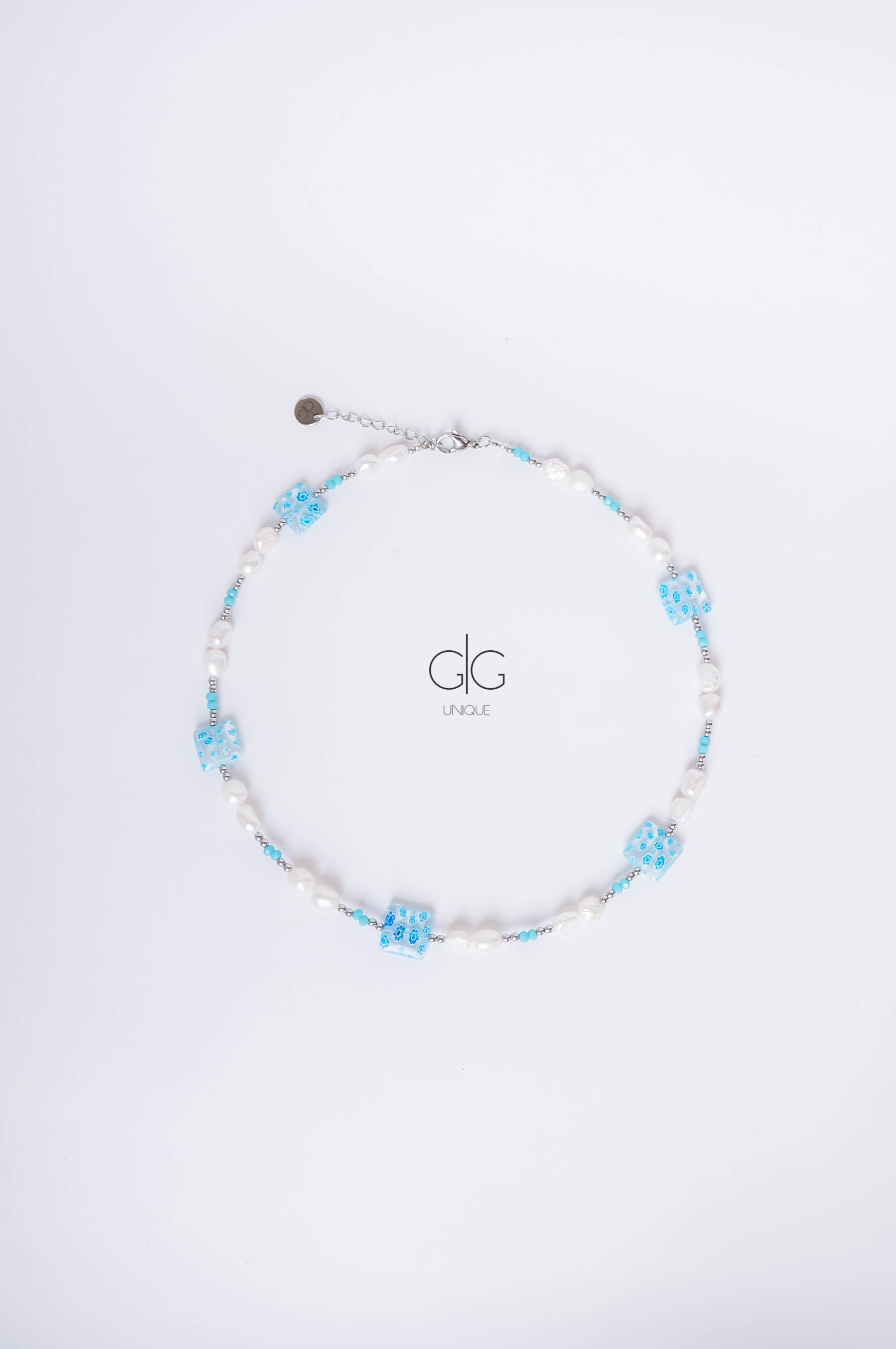Pearl and blue flowers necklace - GG Unique