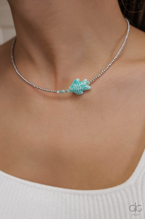 Hematite stone necklace with fish - GG Unique
