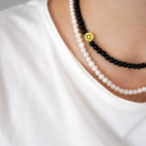 Unisex black stone smile necklace/ Trendy unisex pearls necklace