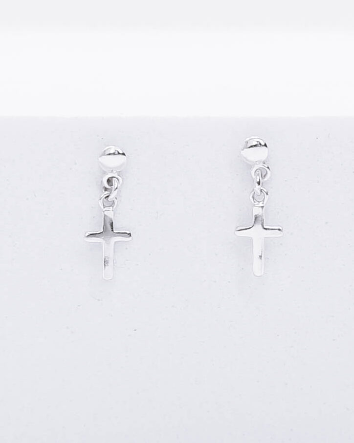 Minimal silver hanging cross earrings