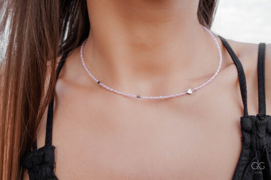 Pink zircon necklace with minimalistic heart and hematite - GG UNIQUE