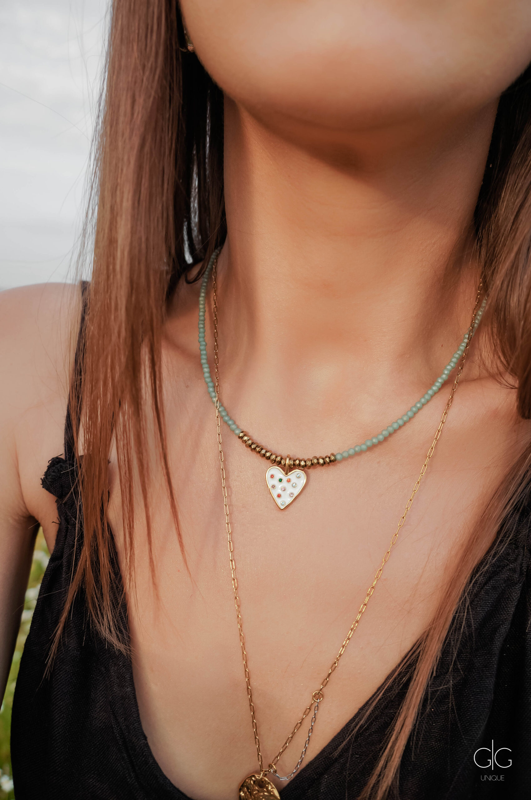 Green crystal necklace with heart – GG UNIQUE