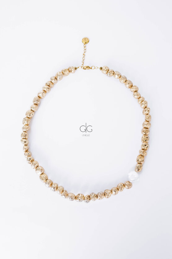 Gold Lava Stone Necklace with Freshwater Pearl - GG UNIQUE