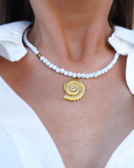 Lava Stone Necklace with Hematite Stone and Gold Shell