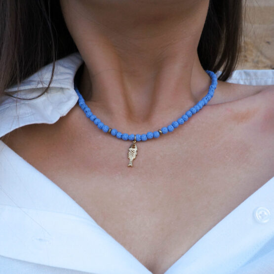 Blue Lava Stone Necklace with Gold Fish