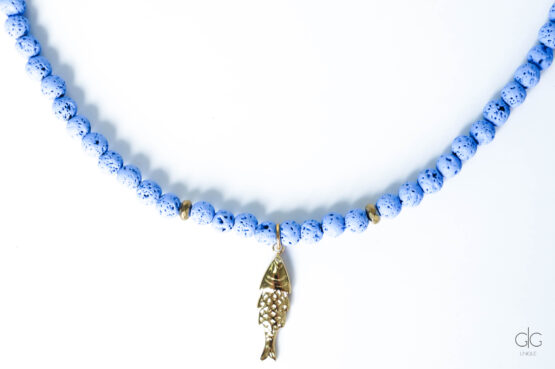 Blue Lava Stone Necklace with Gold Fish